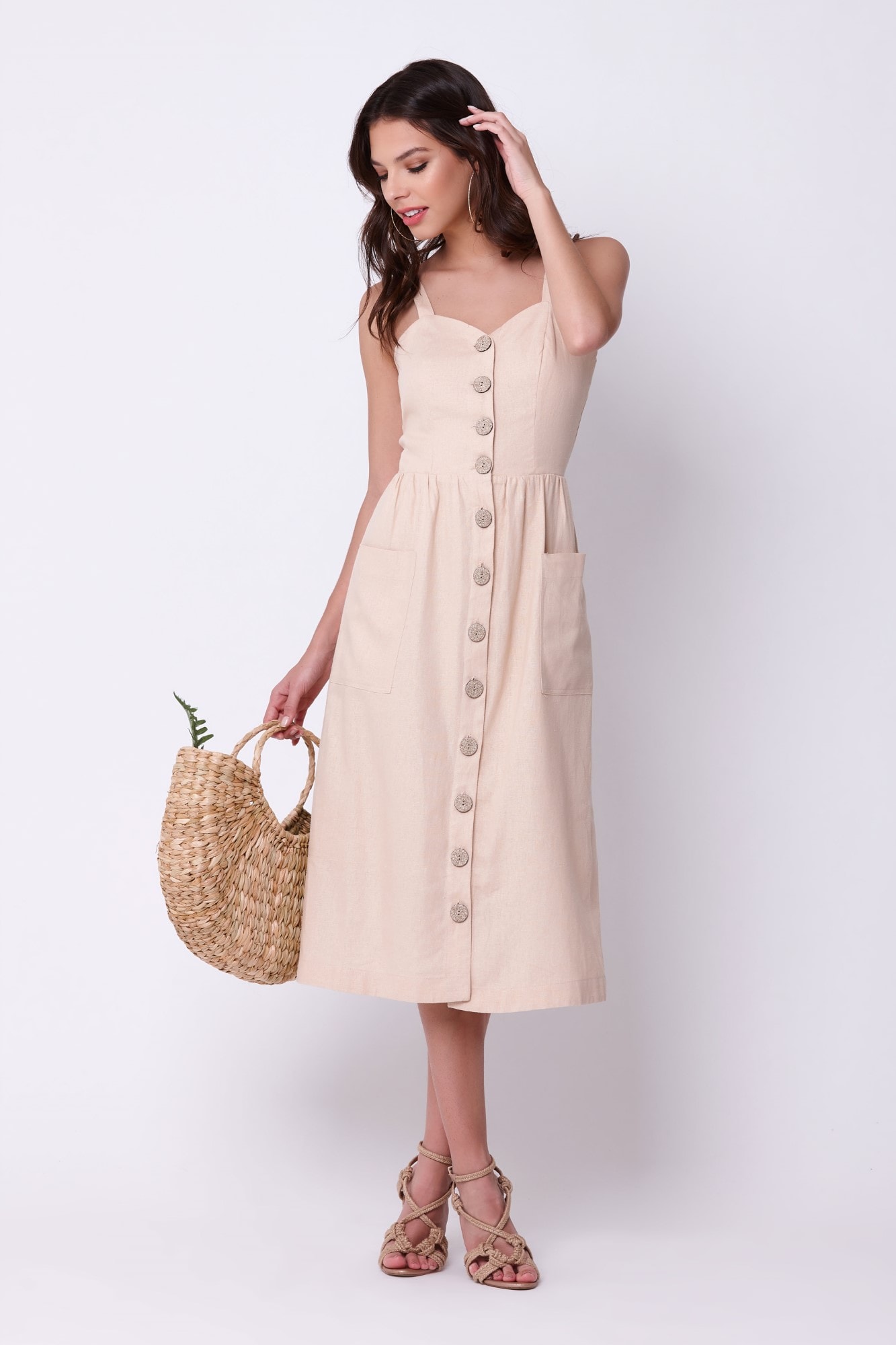 vestido linho botões